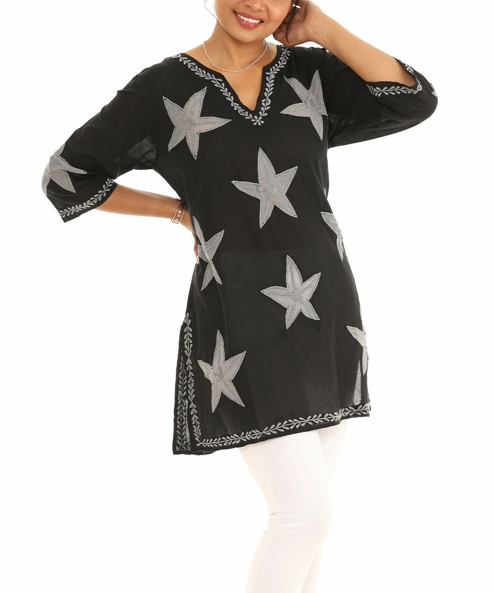 Budget π€© Shoreline Black & Gray Embroidered Star Three-Quarter Sleeve Tunic - π© Women & Plus π - Image 3