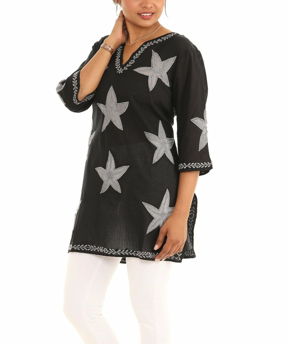 Budget π€© Shoreline Black & Gray Embroidered Star Three-Quarter Sleeve Tunic - π© Women & Plus π - Image 4