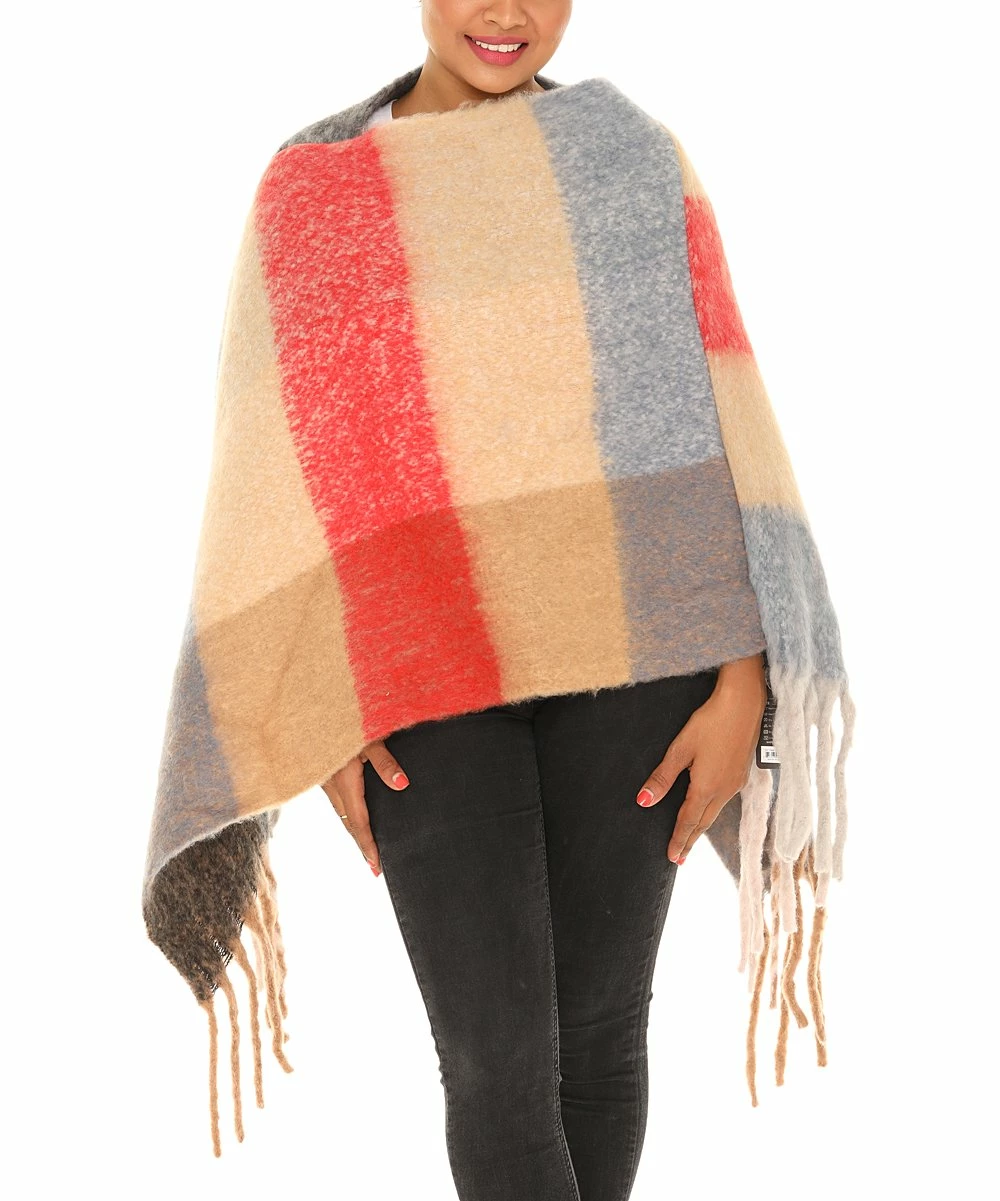 Best Pirce π Shoreline Orange Plaid Fringe-Trim Poncho - π© Women & Plus β - Image 2