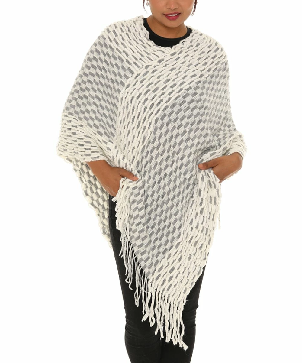 Wholesale β¨ Shoreline Ivory & Gray Checkerboard Fringe-Accent Poncho - π© Women & Plus βοΈ - Image 2