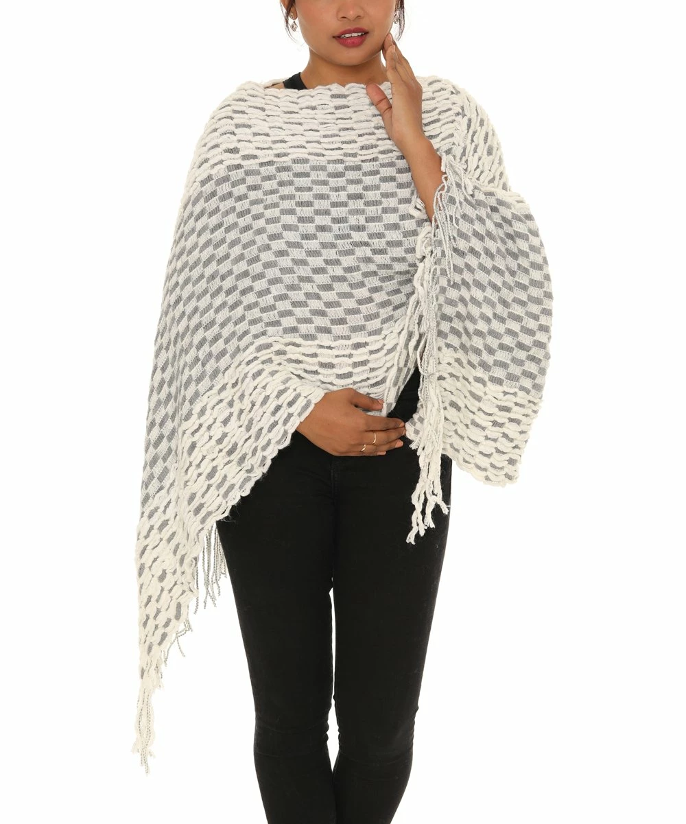 Wholesale β¨ Shoreline Ivory & Gray Checkerboard Fringe-Accent Poncho - π© Women & Plus βοΈ