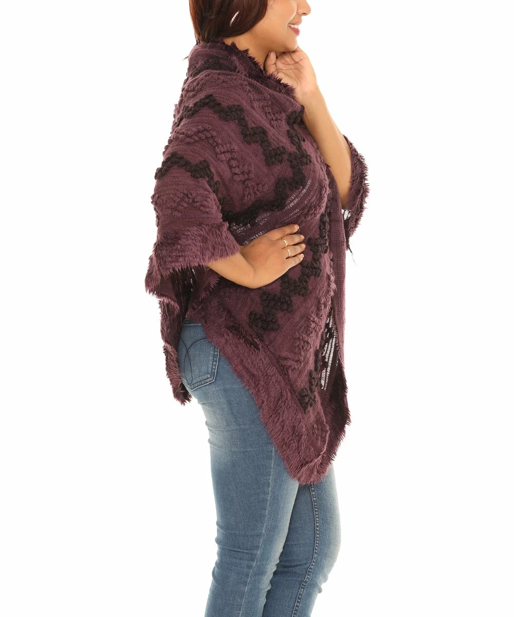 Promo π Shoreline Purple Crocheted Faux Fur Trim Cowl-Neck Poncho - π© Women & Plus π - Image 3