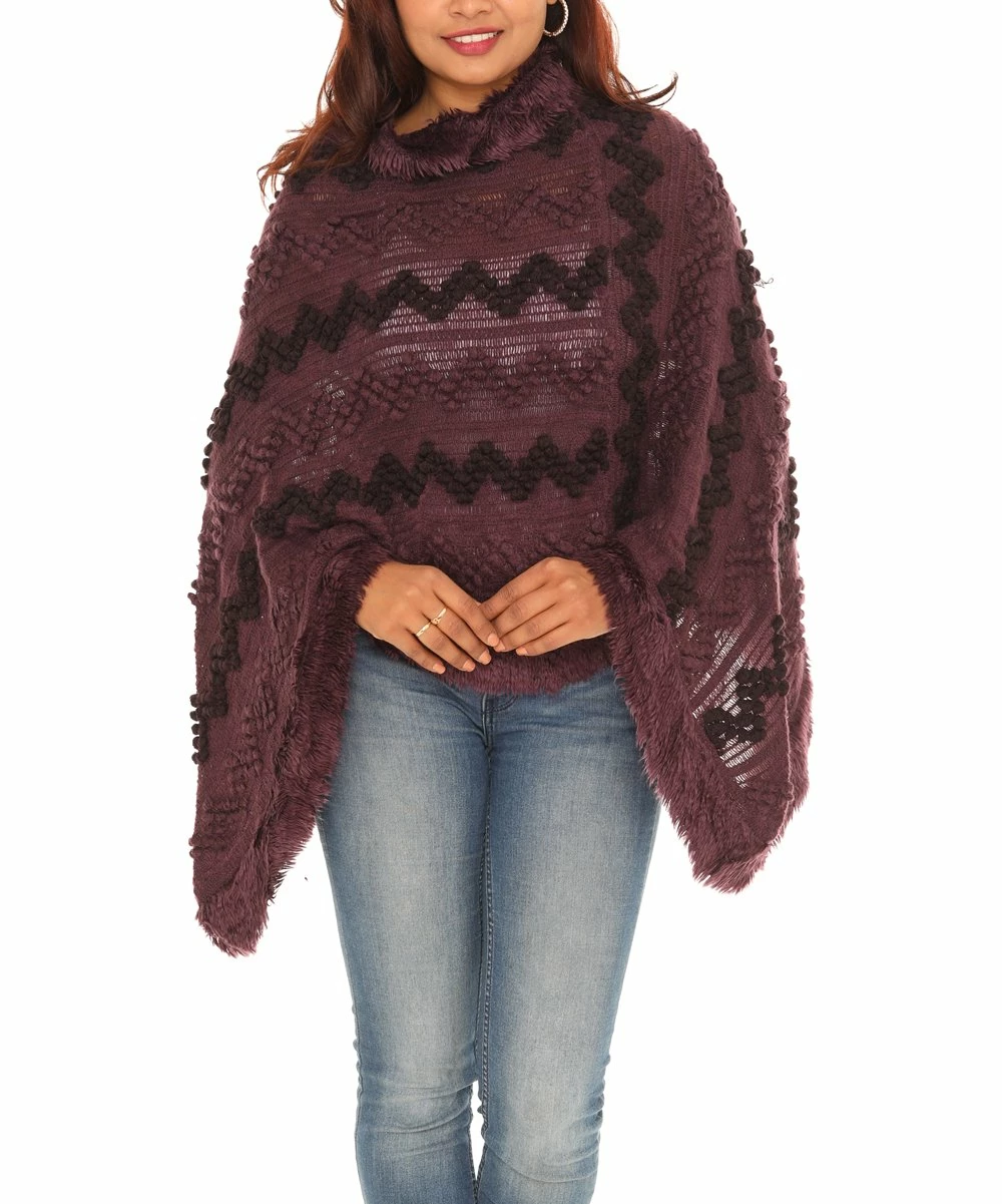 Promo π Shoreline Purple Crocheted Faux Fur Trim Cowl-Neck Poncho - π© Women & Plus π
