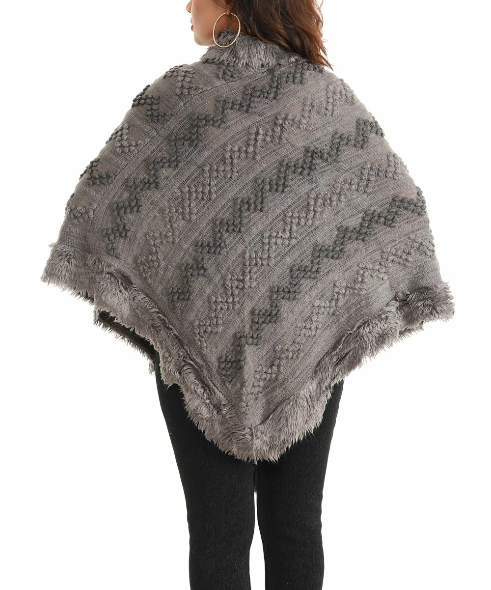 Deals β Shoreline Gray & Dark Gray Chevron Faux Fur Trim Cowl-Neck Poncho - π© Women & Plus βοΈ - Image 3