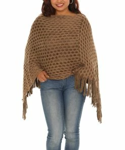 Promo 🥰 Shoreline Taupe Waffle-Knit Fringed Poncho - 👩 Women & Plus 💯