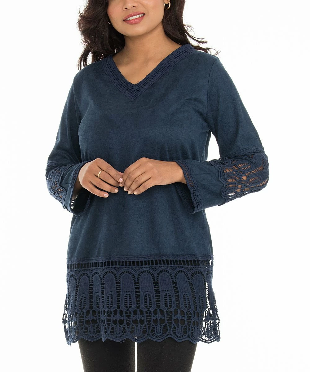 Top 10 π Shoreline Blue Faux Suede V-Neck Tunic with Lace Trim - π© Women & Plus βοΈ - Image 2