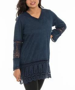 Top 10 😀 Shoreline Blue Faux Suede V-Neck Tunic with Lace Trim - 👩 Women & Plus ✔️