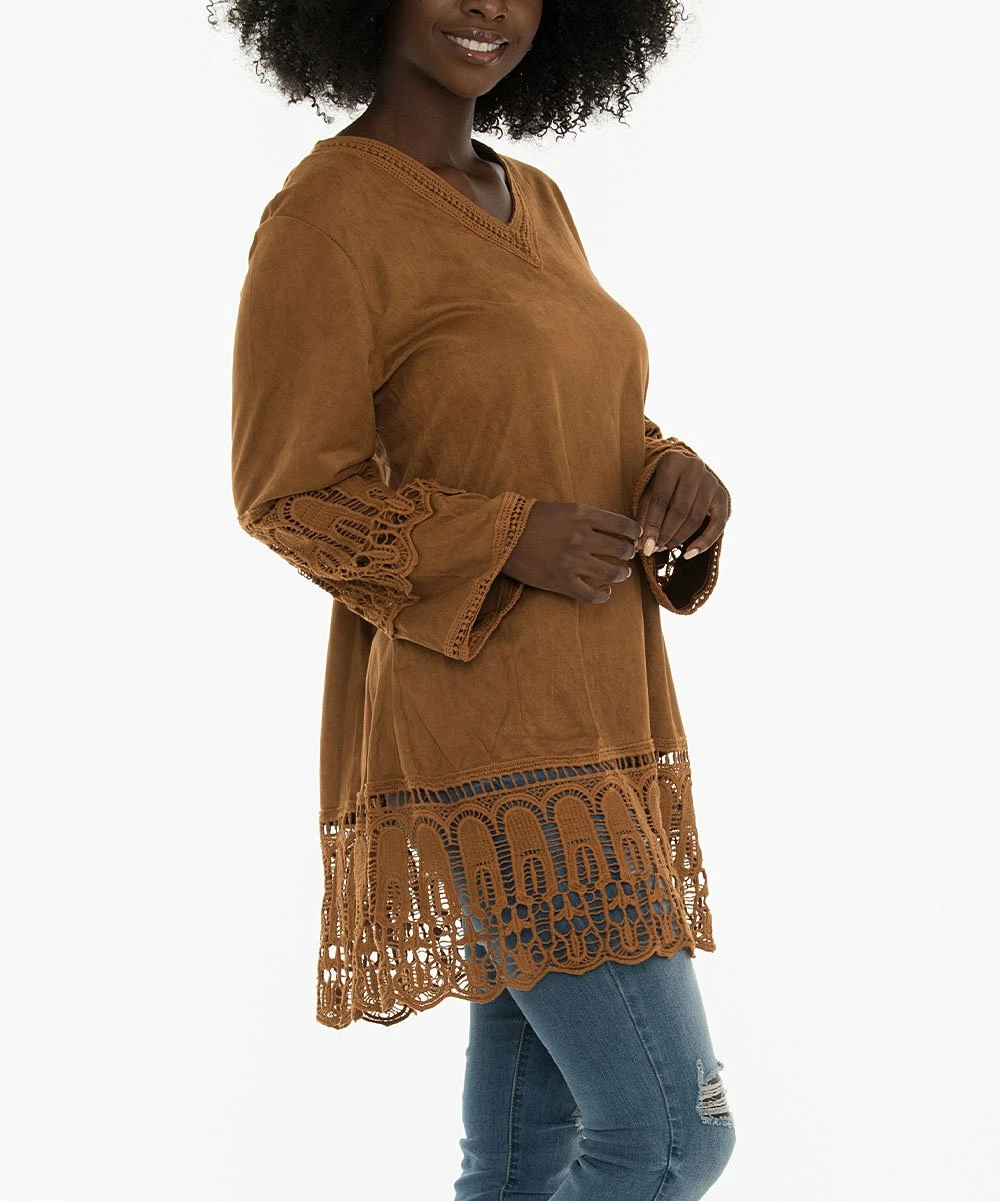 Flash Sale β Shoreline Rust Faux Suede V-Neck Tunic with Lace Trim - π© Women 𧨠- Image 2
