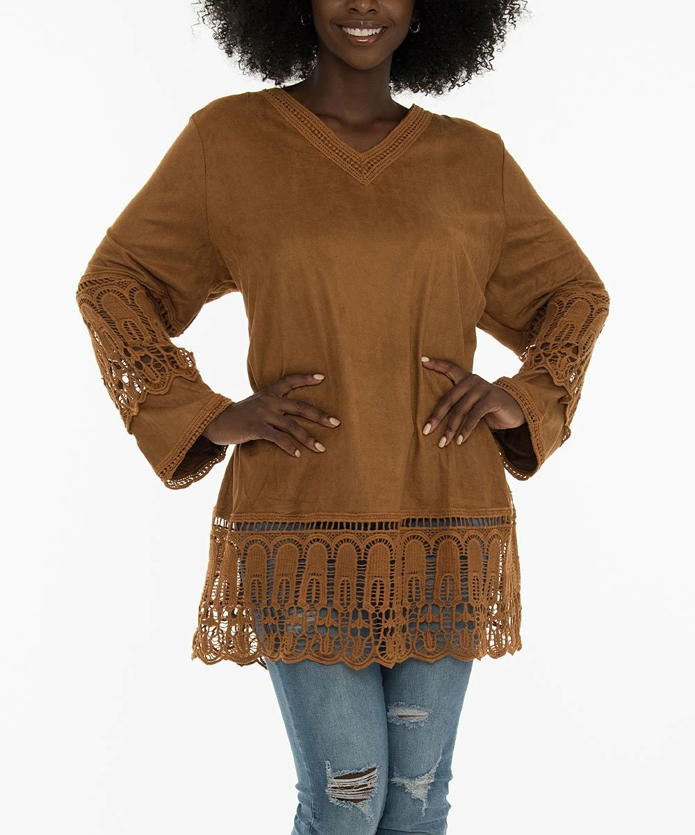 Flash Sale β Shoreline Rust Faux Suede V-Neck Tunic with Lace Trim - π© Women π§¨