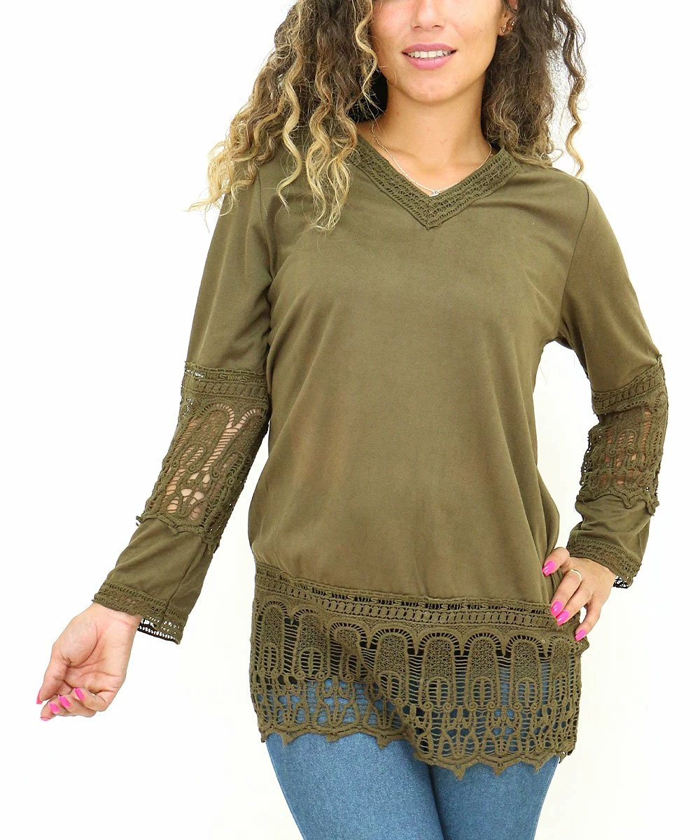 Budget 𧨠Shoreline Olive Faux Suede V-Neck Tunic with Lace Trim - π© Women & Plus β¨ - Image 3