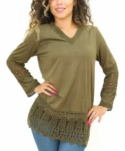 Budget 𧨠Shoreline Olive Faux Suede V-Neck Tunic with Lace Trim - π© Women & Plus β¨