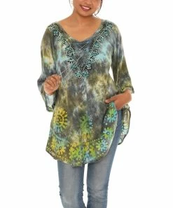 Cheapest 🔔 Shoreline Teal & Gray Tie-Dye Sun Scoop Neck Three-Quarter Sleeve Tunic - Plus 🔥