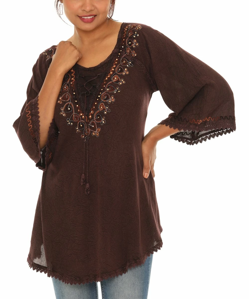 Budget π Shoreline Brown Scoop Neck Lace-Accent Tunic - π© Women & Plus π - Image 3