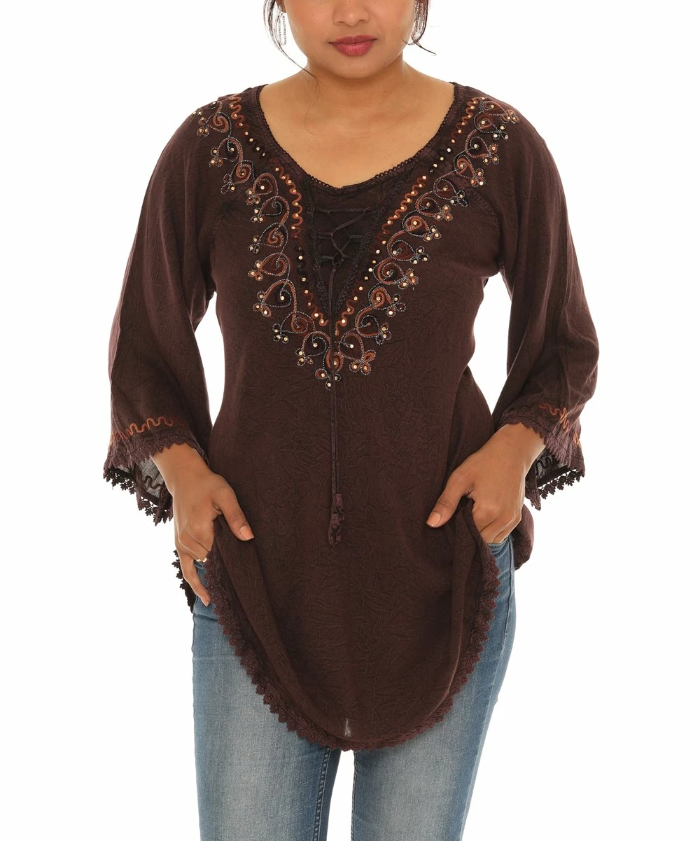 Budget π Shoreline Brown Scoop Neck Lace-Accent Tunic - π© Women & Plus π