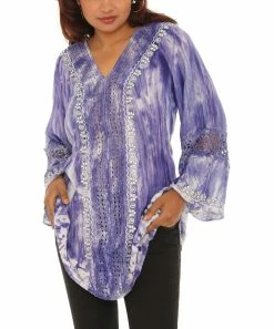 Wholesale π Shoreline Blue & White Tie-Dye Lace-Accent V-Neck Tunic - π© Women & Plus π―